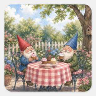 Garden Gnomes Eating Cupcakes Square Sticker