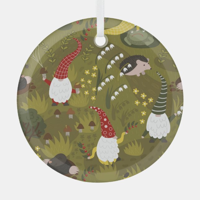 Garden Gnomes: Humorous Flora Fauna. Glass Ornament (Front)