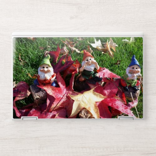 Garden Gnomes in the Yard Fall Red Brown Leaves HP Laptop Skin