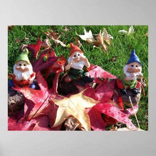 Garden Gnomes in the Yard Fall Red Brown Leaves Po Poster