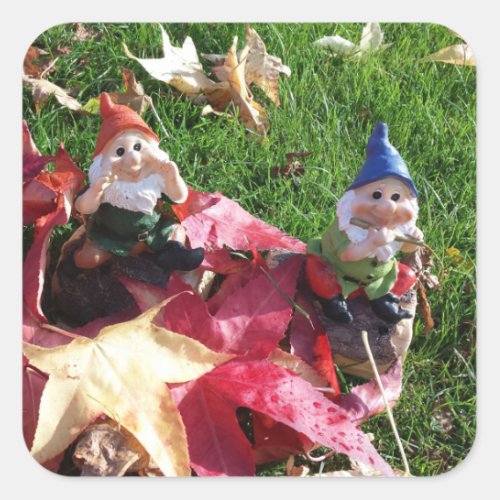 Garden Gnomes in the Yard Fall Red Brown Leaves Square Sticker