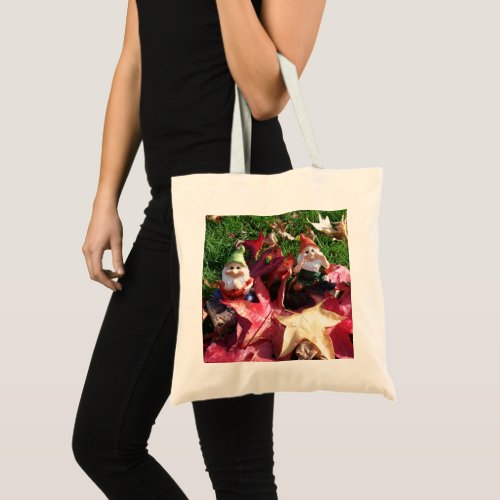 Garden Gnomes in the Yard Fall Red Brown Leaves Tote Bag