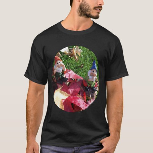 Garden Gnomes in Yard Fall Red Brown Leaves Unisex T_Shirt