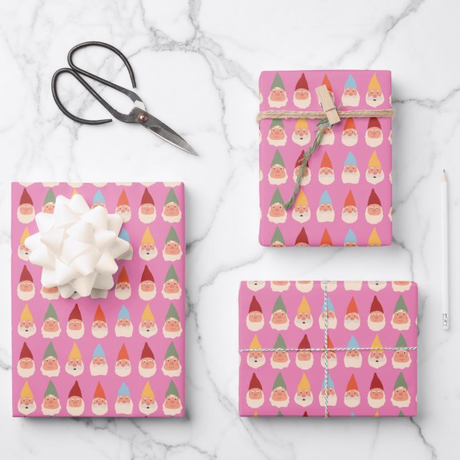 Garden Gnomes Pink Background Wrapping Paper Sheets (Front)