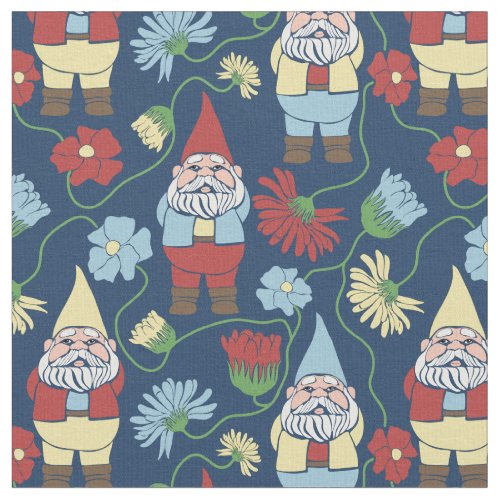 Garden Gnomes with Flowers Navy Blue Patterned Fabric