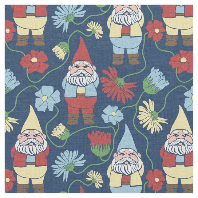 Garden Gnomes with Flowers Navy Blue Patterned Fabric (Close Up)