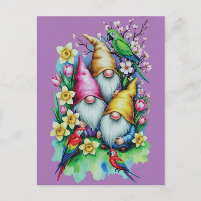 Garden Gnomes with Parrots and Spring Florals Postcard (Front)
