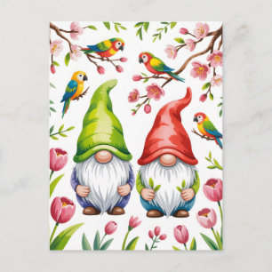 Garden Gnomes with Tropical Parrots Holiday Postcard