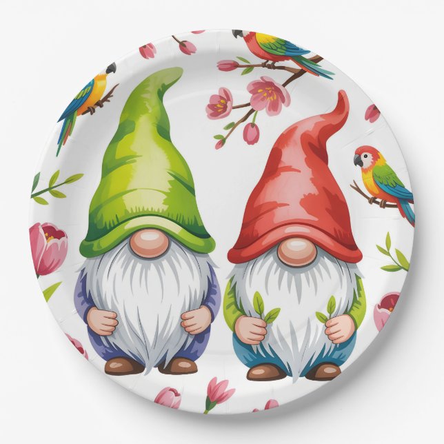 Garden Gnomes with Tropical Parrots  Paper Plates (Front)
