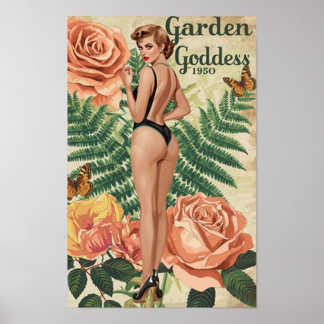 Garden Goddess 1950 – Retro Pin-Up Botanical Colla Poster (Front)