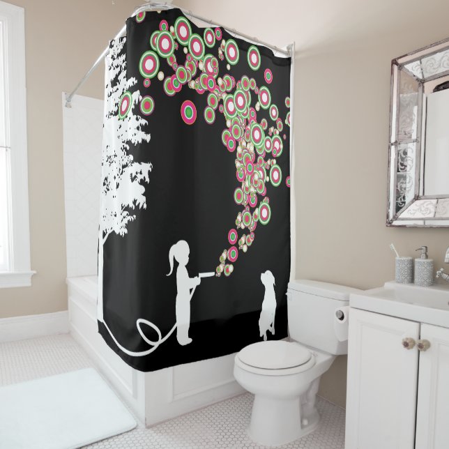 garden graffiti banksy style black shower curtain (In Situ)