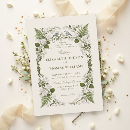 Garden Green Ecru Floral Elegant Whimsical Wedding Invitation