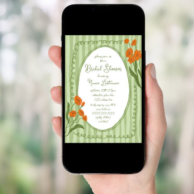 Garden Green Orange Hand Painted Bridal Shower Invitation (Front Digital)