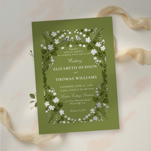 Garden Green Silver Enchanted Backyard Wedding Foil Invitation