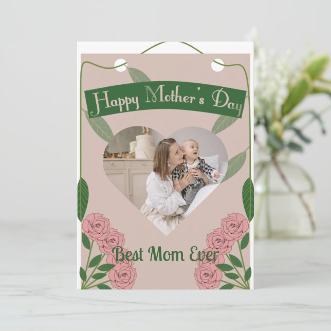 Garden Green & Soft Pink Heart Photo Mother's Day  Card (Standing Front)