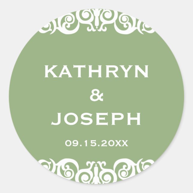 Garden green Victorian scroll wedding favor label (Front)