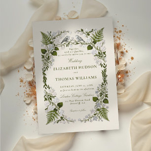 Garden Green White Floral Whimsical Silver Wedding Foil Invitation