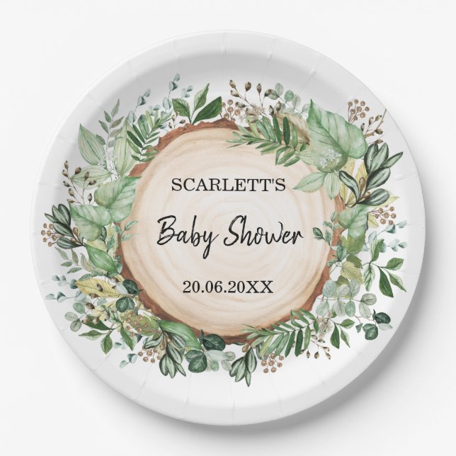 Garden Greenery Botanical Forest Baby Shower Party Paper Plates (Front)
