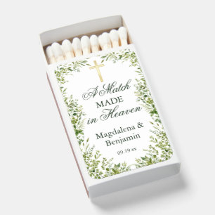 Garden Greenery Christian Gold Cross Wedding Matchboxes
