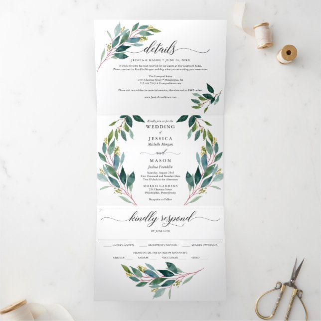 Garden Greens Wedding Tri-Fold Invitations (Inside)