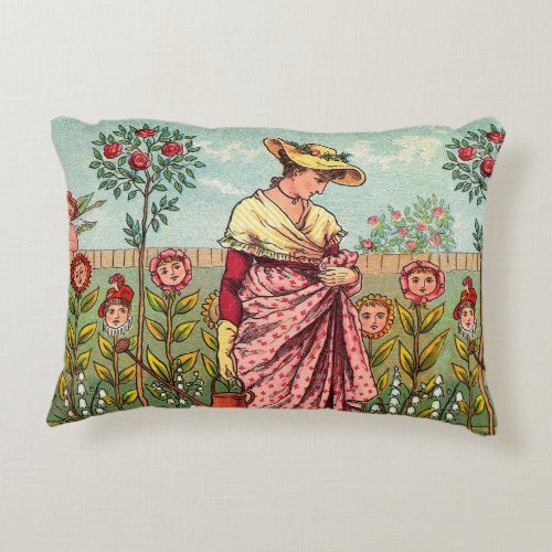 Garden Grow Flower Woman Art Antique Accent Pillow
