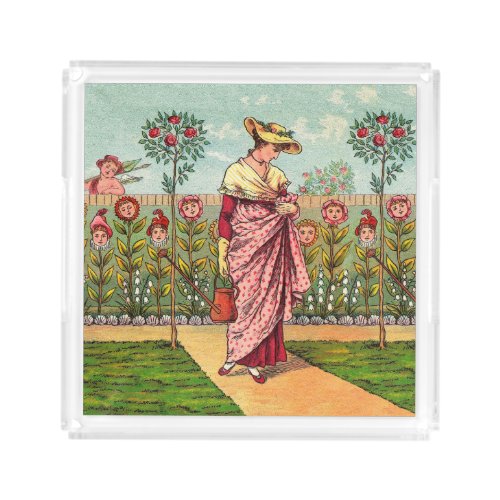 Garden Grow Flower Woman Art Antique Acrylic Tray