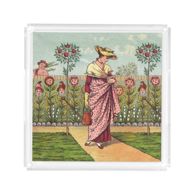 Garden Grow Flower Woman Art Antique Acrylic Tray (Front)