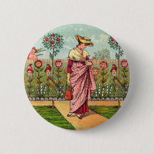 Garden Grow Flower Woman Art Antique Button