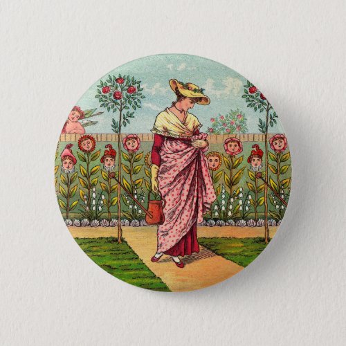 Garden Grow Flower Woman Art Antique Button