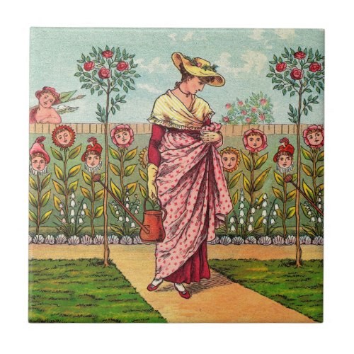 Garden Grow Flower Woman Art Antique Ceramic Tile