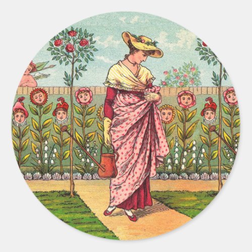 Garden Grow Flower Woman Art Antique Classic Round Sticker