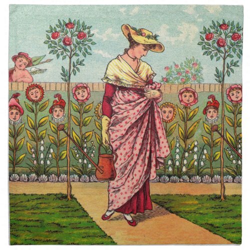 Garden Grow Flower Woman Art Antique Cloth Napkin
