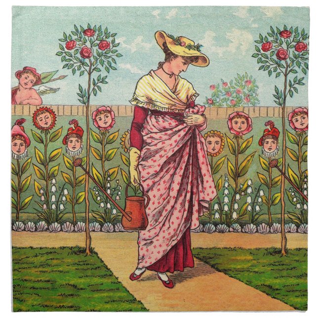 Garden Grow Flower Woman Art Antique Cloth Napkin (Front)