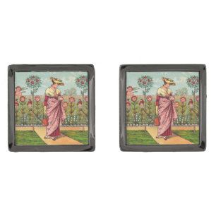 Garden Grow Flower Woman Art Antique Cufflinks