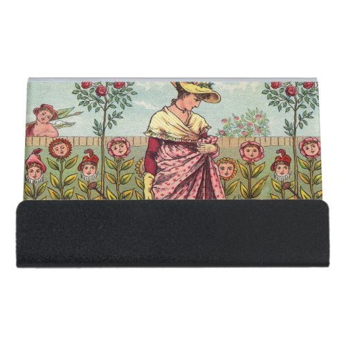 Garden Grow Flower Woman Art Antique Desk Business Card Holder