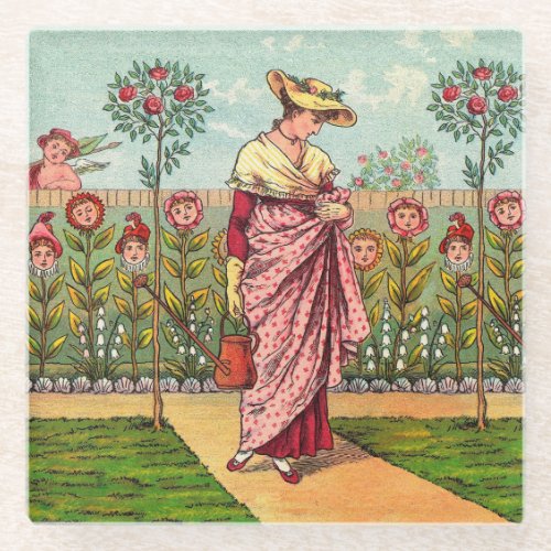 Garden Grow Flower Woman Art Antique Glass Coaster