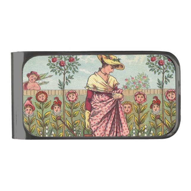 Garden Grow Flower Woman Art Antique Gunmetal Finish Money Clip (Front)