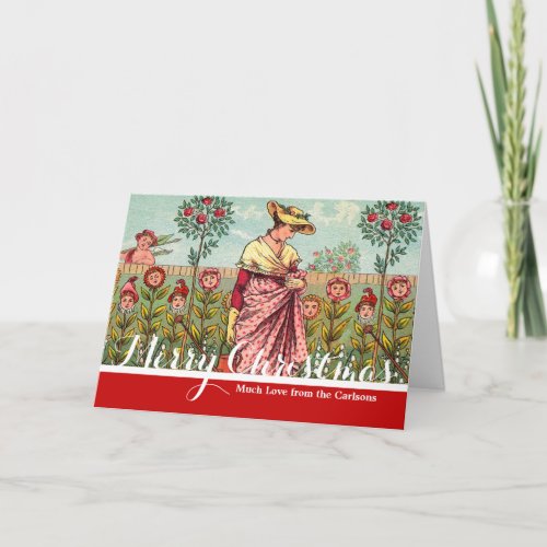 Garden Grow Flower Woman Art Antique Holiday Card