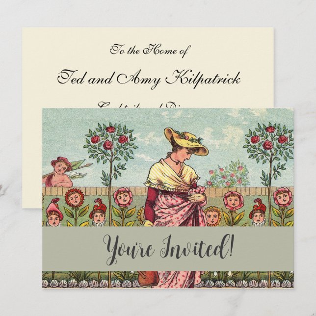 Garden Grow Flower Woman Art Antique Invitation (Front/Back)