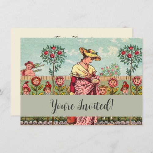 Garden Grow Flower Woman Art Antique Invitation