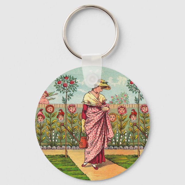 Garden Grow Flower Woman Art Antique Keychain (Front)