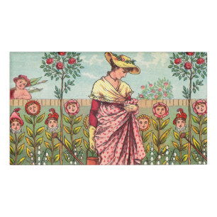 Garden Grow Flower Woman Art Antique Name Tag