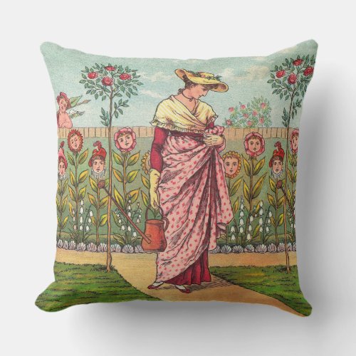 Garden Grow Flower Woman Art Antique Outdoor Pillow