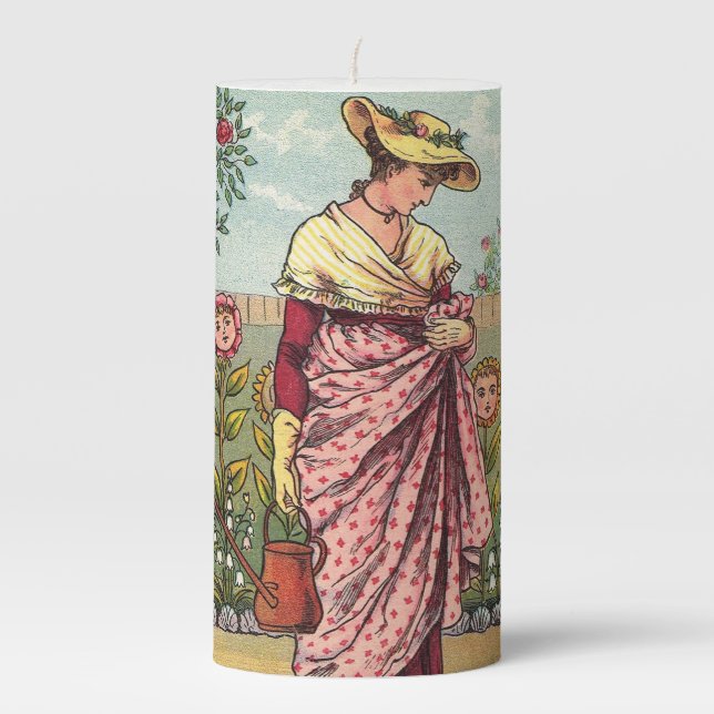 Garden Grow Flower Woman Art Antique Pillar Candle (Front)