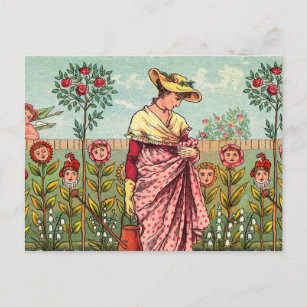 Garden Grow Flower Woman Art Antique Postcard