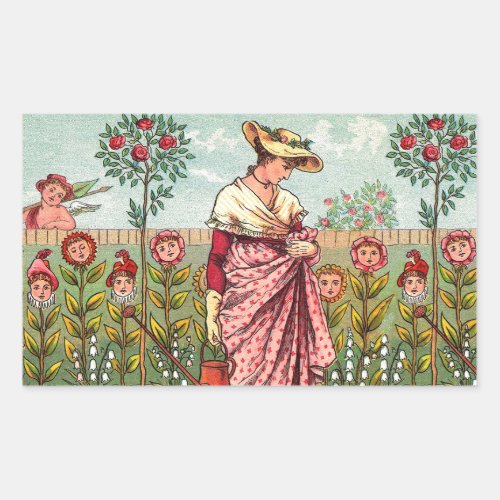 Garden Grow Flower Woman Art Antique Rectangular Sticker