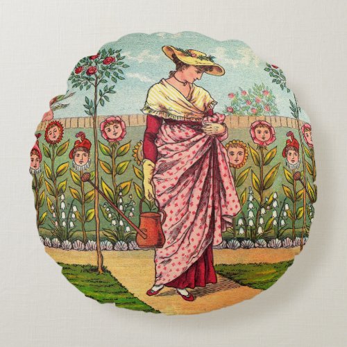 Garden Grow Flower Woman Art Antique Round Pillow