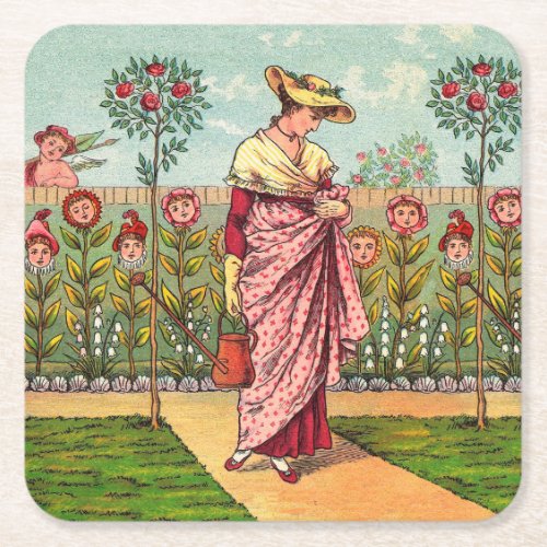 Garden Grow Flower Woman Art Antique Square Paper Coaster