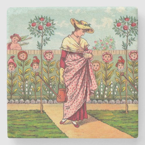 Garden Grow Flower Woman Art Antique Stone Coaster