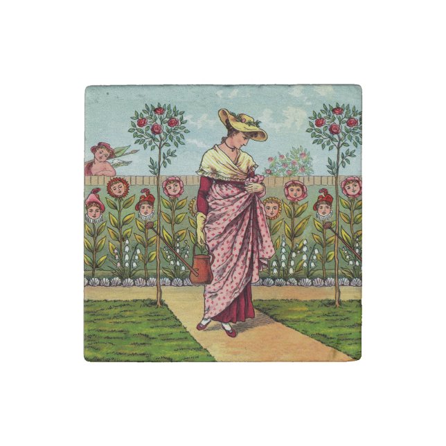Garden Grow Flower Woman Art Antique Stone Magnet (Fourth Magnet)